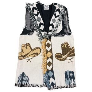 Sugar Street Weavers Vintage Tapestry Vest Fringe Women Western Cowboy Rodeo USA